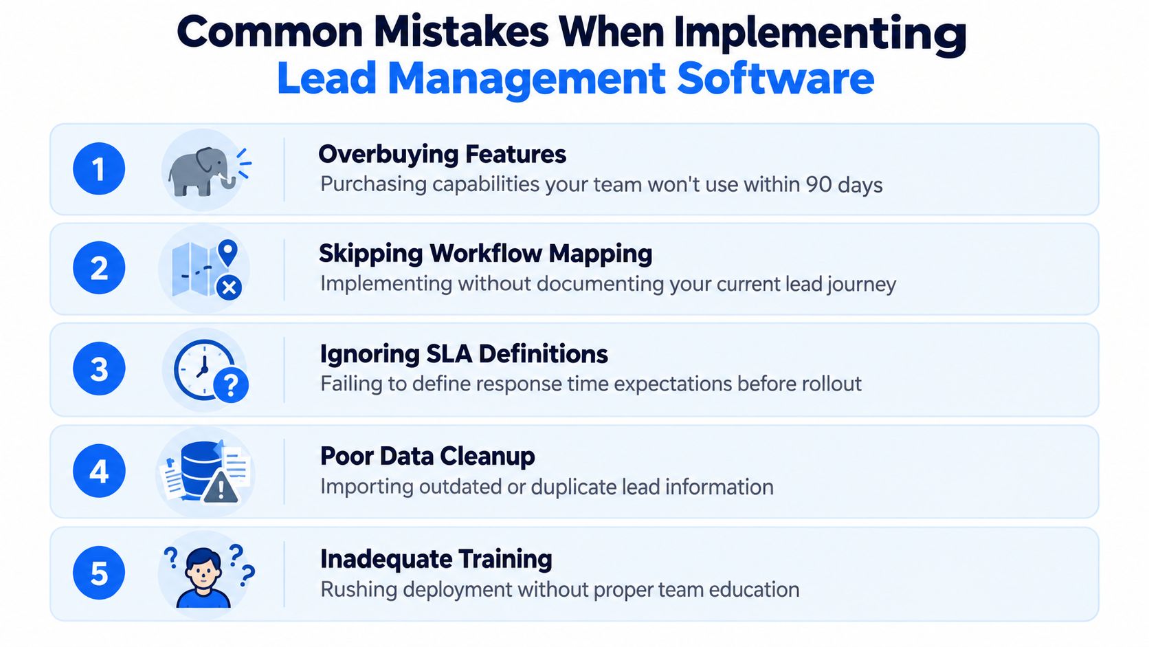 An infographic listing the five common mistakes when implementing lead management software for business teams.