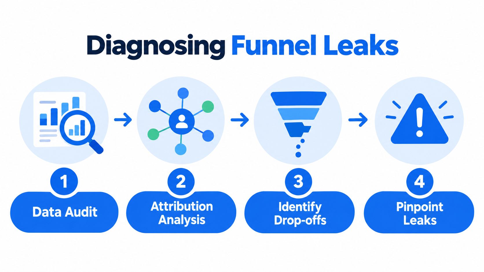 A four-step infographic illustrating the process of diagnosing funnel leaks in a marketing strategy.