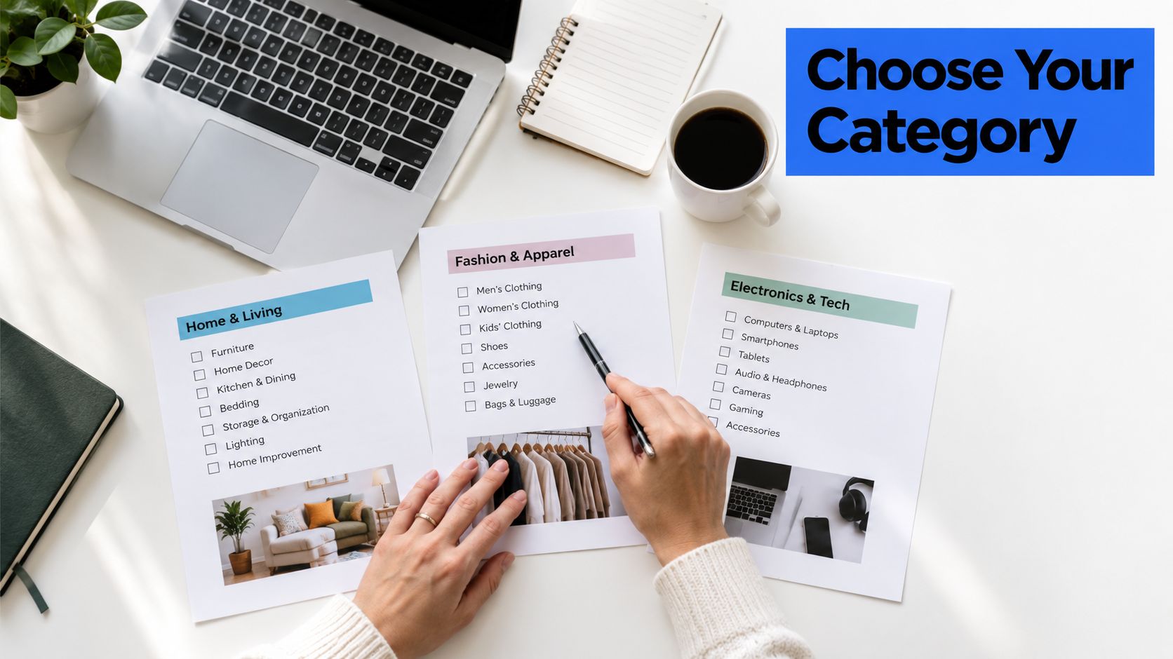 A person selecting product categories from lists on a desk with a laptop and coffee.