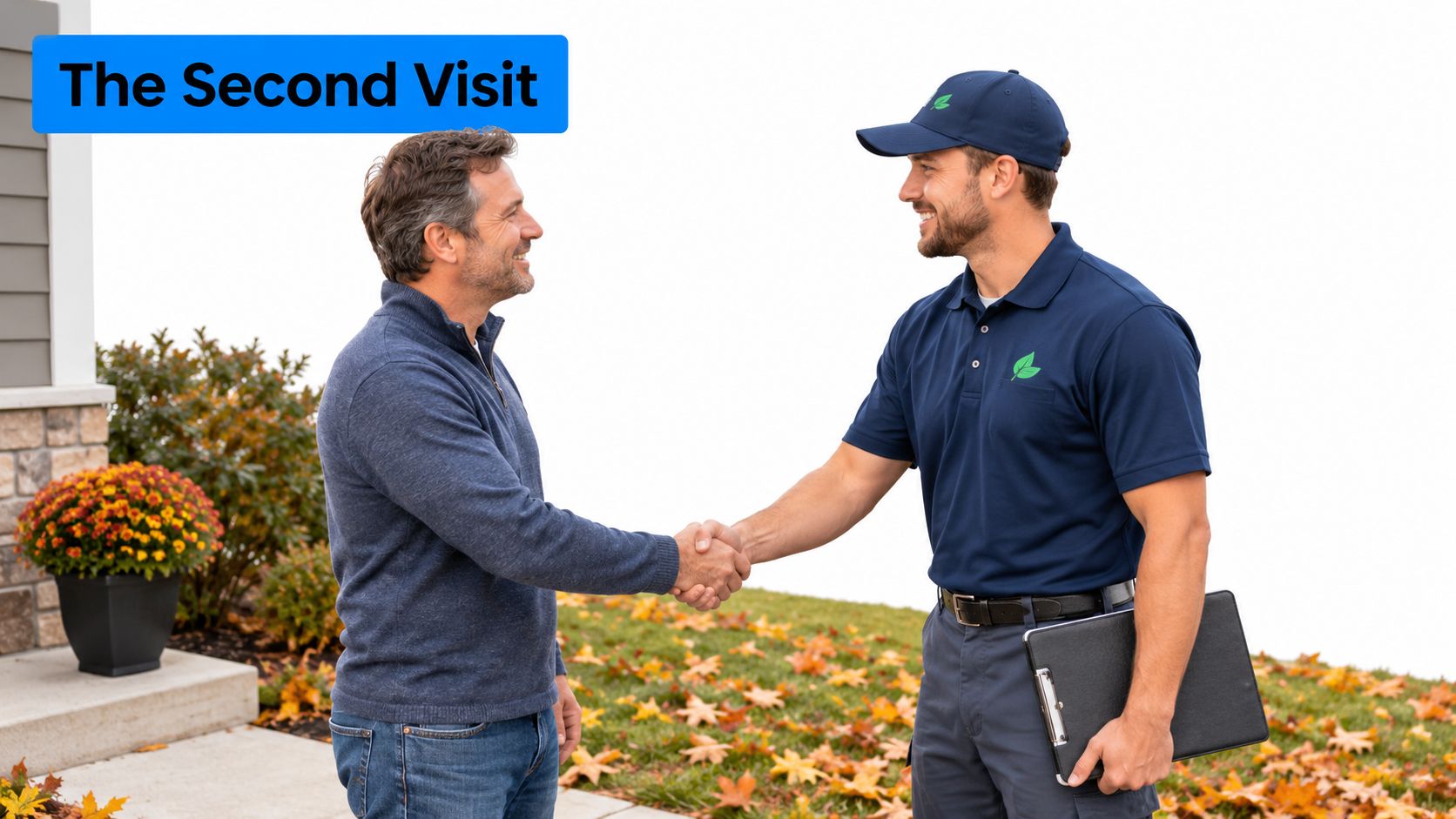 A professional lawn care worker shaking hands with a happy homeowner on a sunny autumn day.