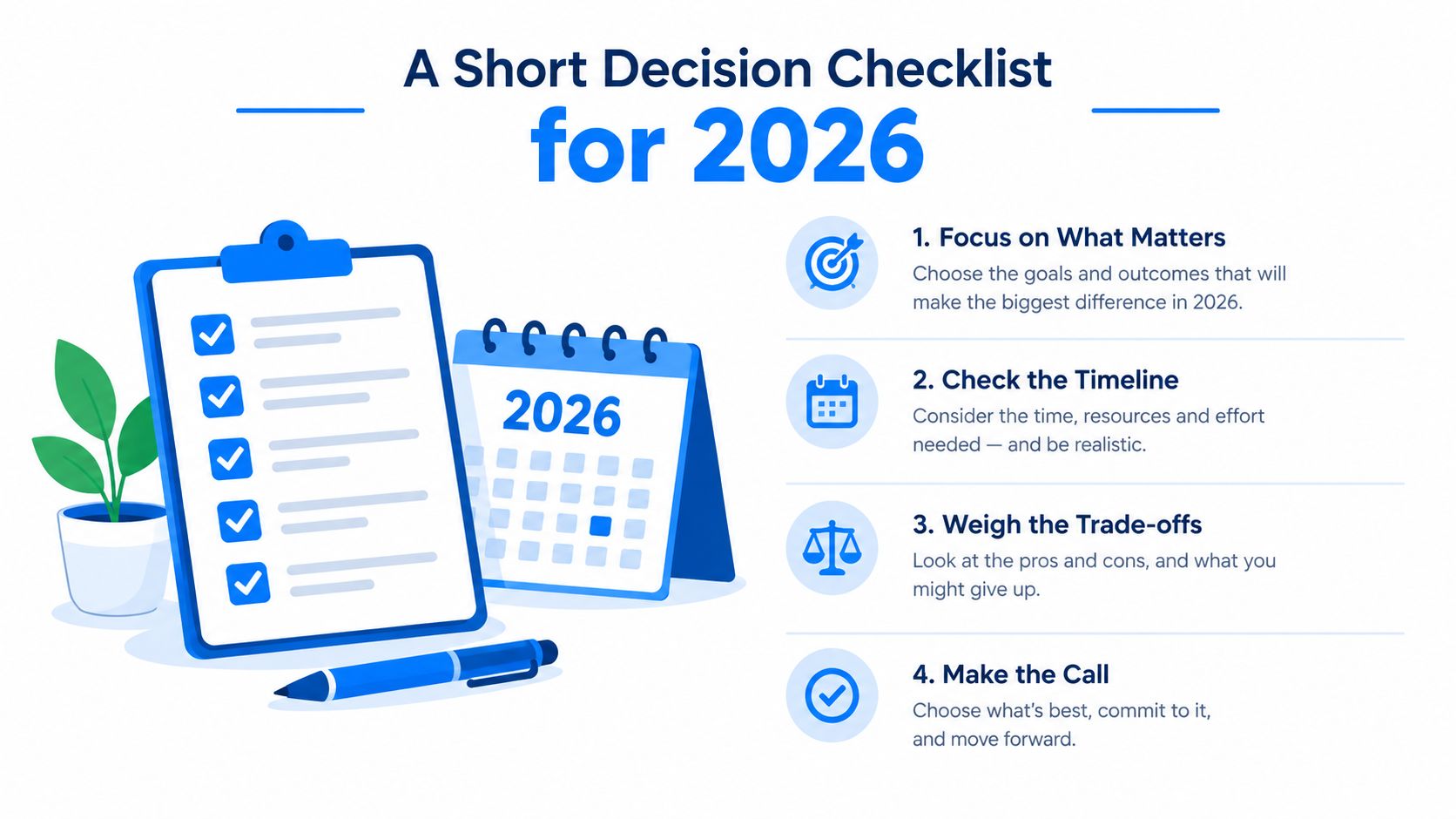 An infographic titled A Short Decision Checklist for 2026, featuring a clipboard, a calendar, and four steps.