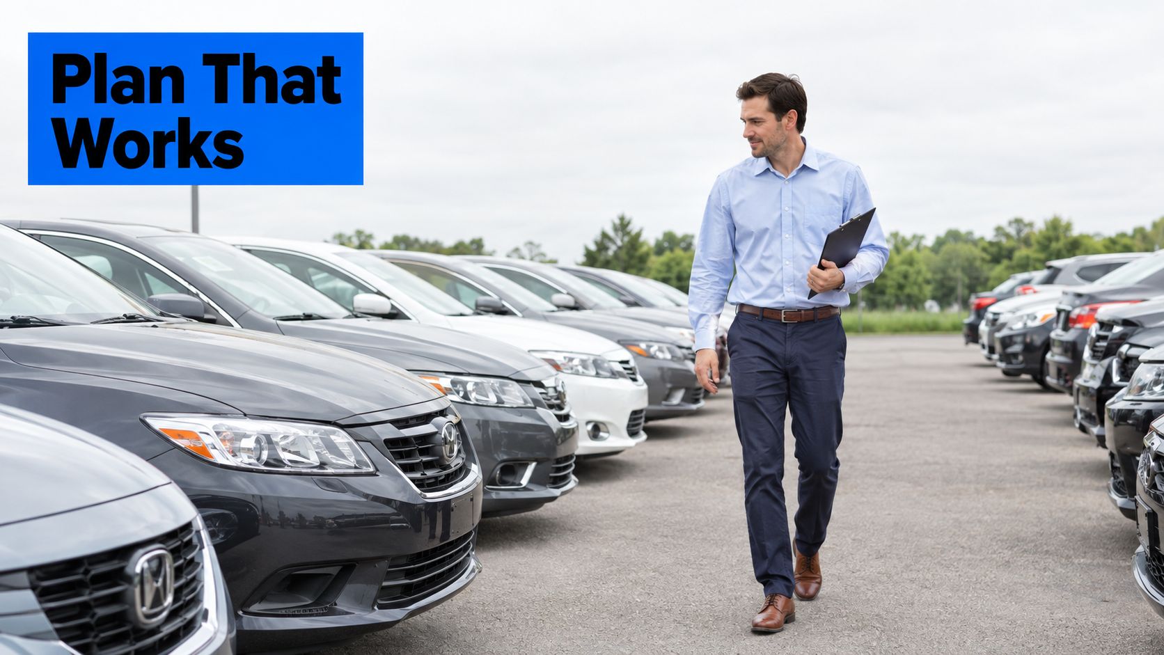 A professional man walking through a row of cars at a used car dealership with a clipboard.