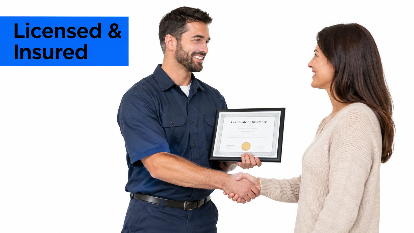 A professional technician shaking hands with a woman while presenting a certificate of insurance in a studio.