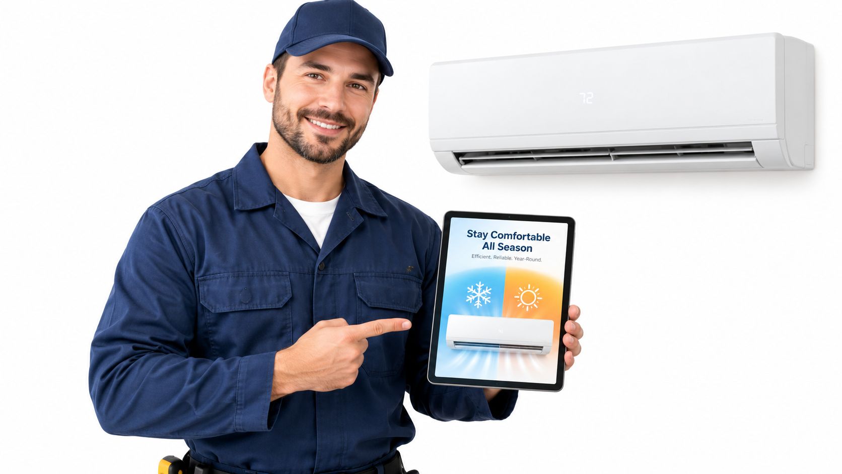 A professional HVAC technician in uniform presenting air conditioning services on a digital tablet, white background.