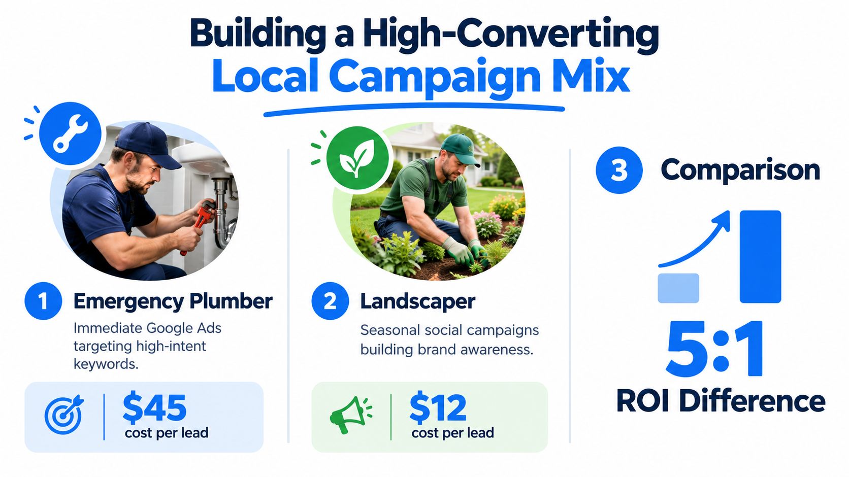 An infographic comparing lead costs and campaign strategies for emergency plumbers versus landscapers to improve business ROI.