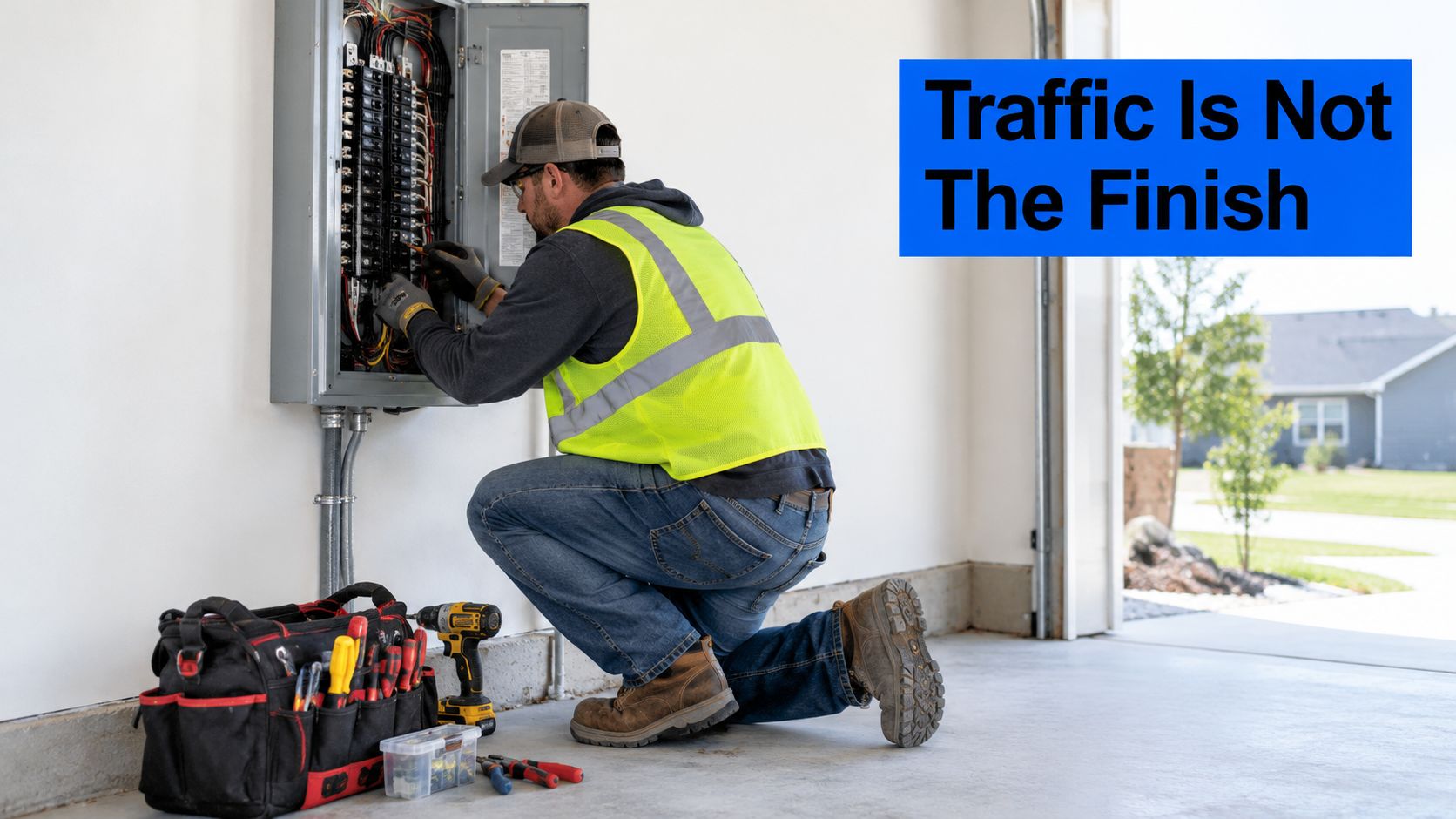 An electrician wearing a safety vest works on a home circuit breaker panel in a garage.