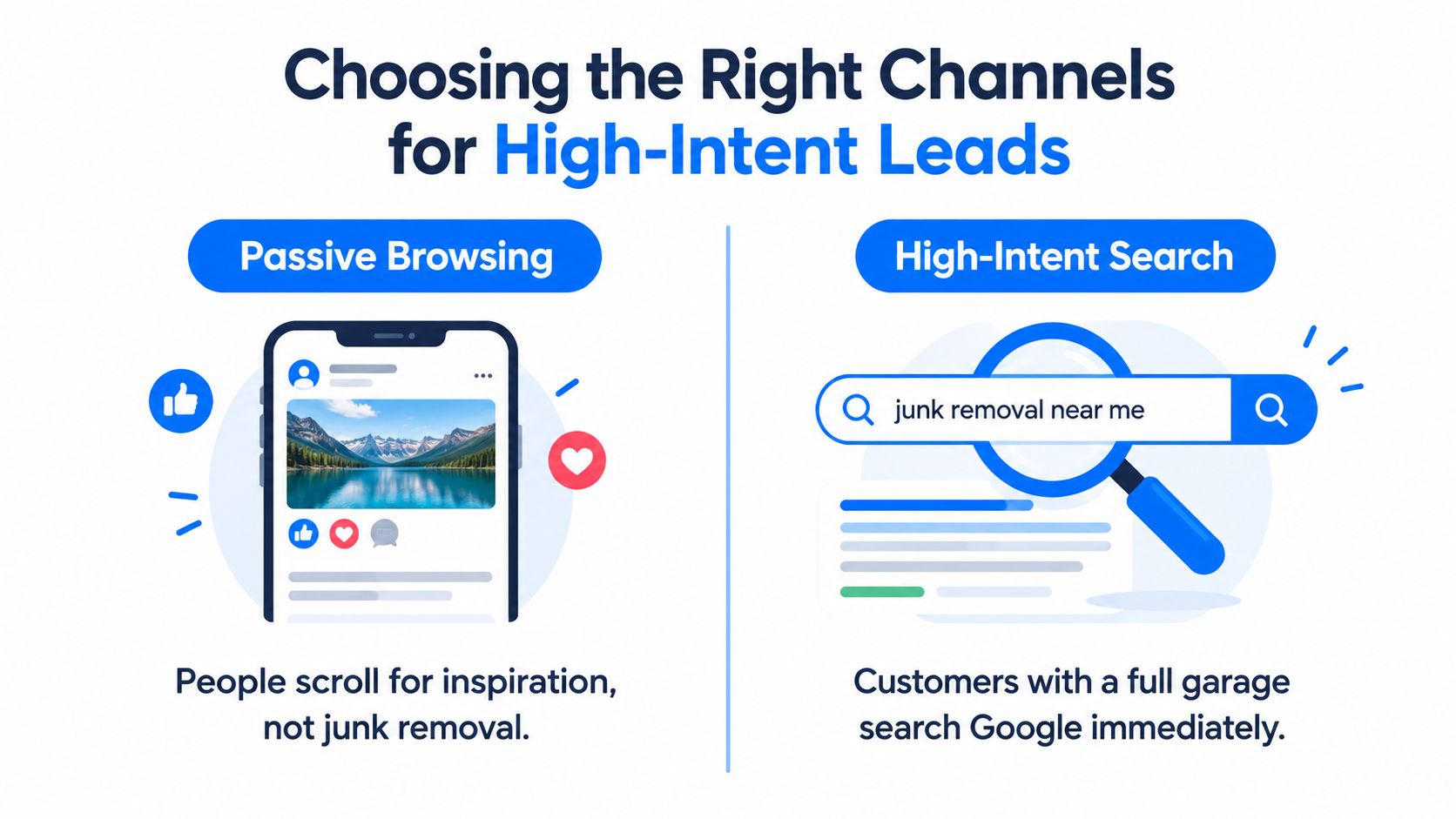 An infographic comparing passive browsing on social media to high-intent search for junk removal services.
