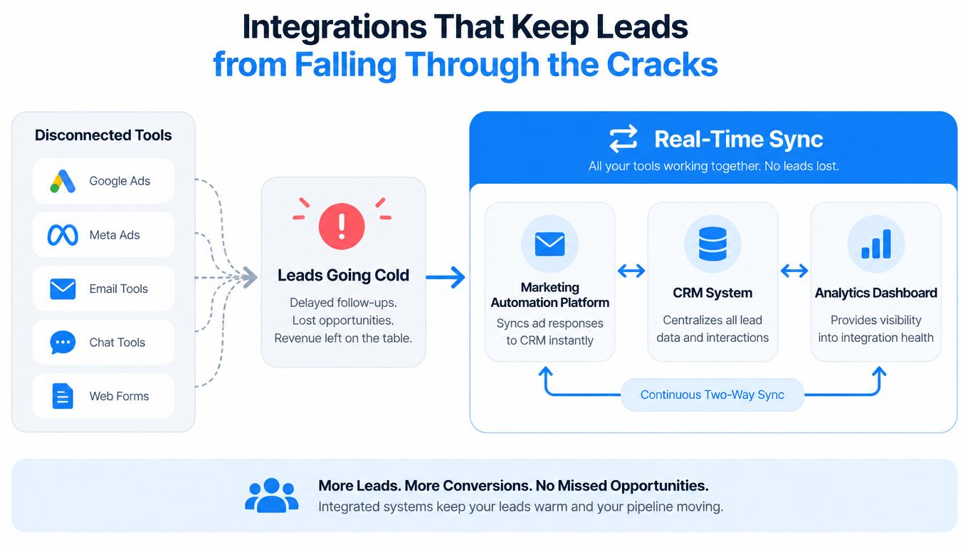 A diagram comparing the inefficiencies of disconnected tools versus a unified, real-time lead management integration system.