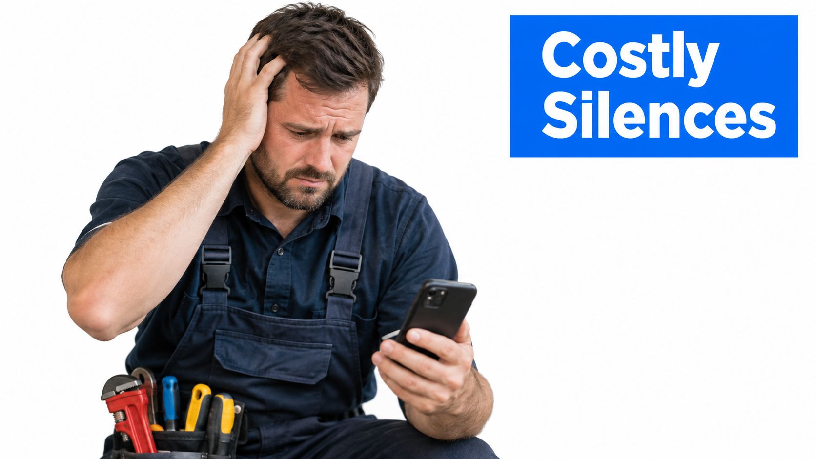 A distressed plumber wearing work overalls looking at his smartphone while holding his head in frustration.