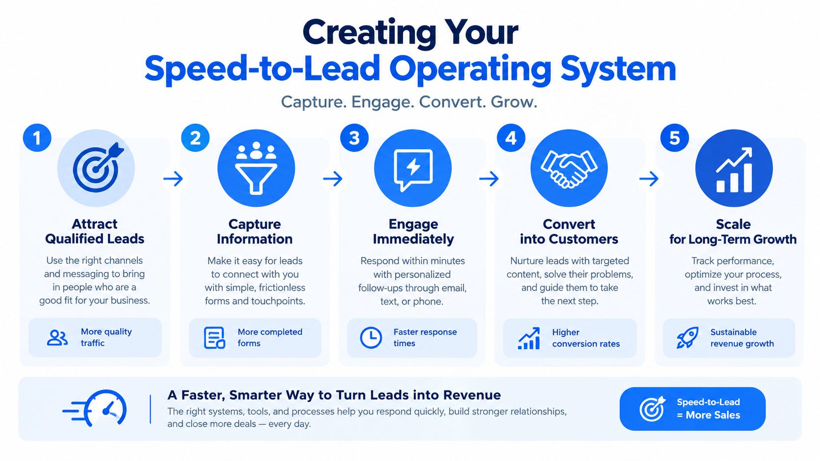A five-step flowchart illustrating a speed-to-lead operating system to attract, capture, engage, convert, and scale leads.
