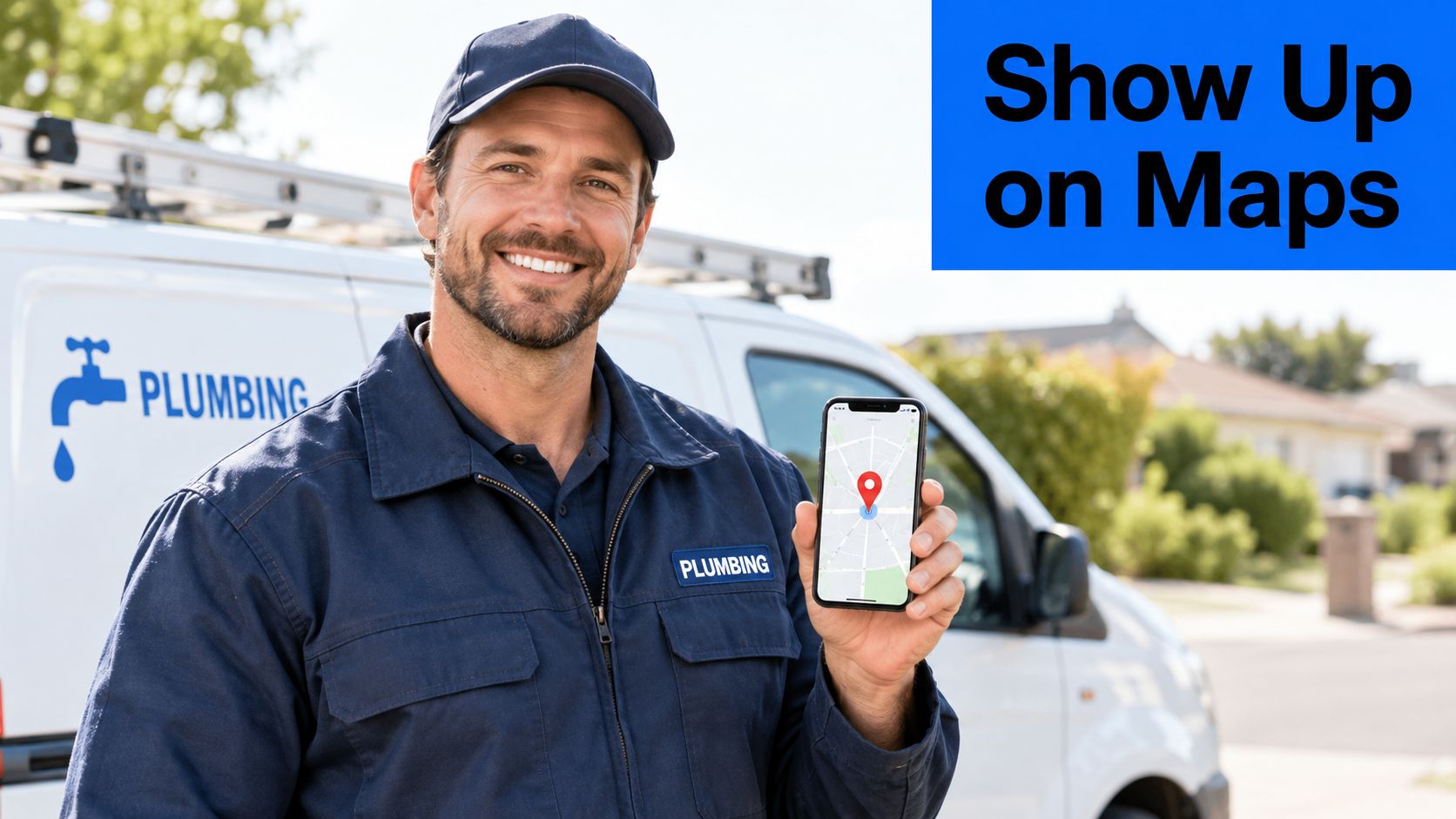 A smiling plumber holding a smartphone displaying a map to represent local SEO services for businesses.