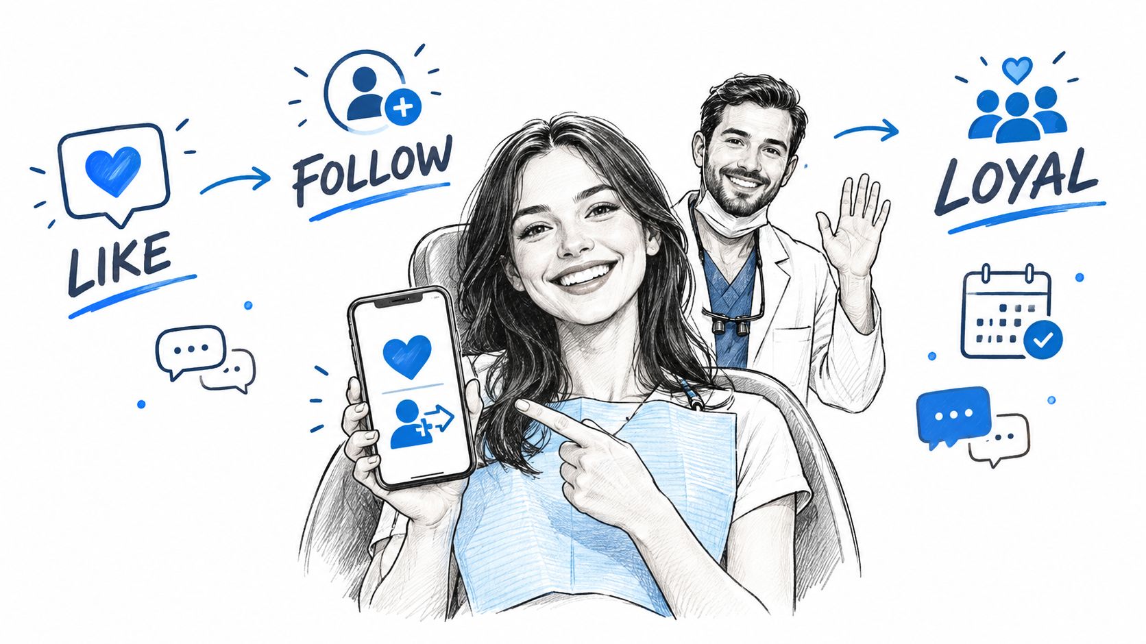 A happy patient holds her phone showing social media icons while a friendly dentist waves behind her.