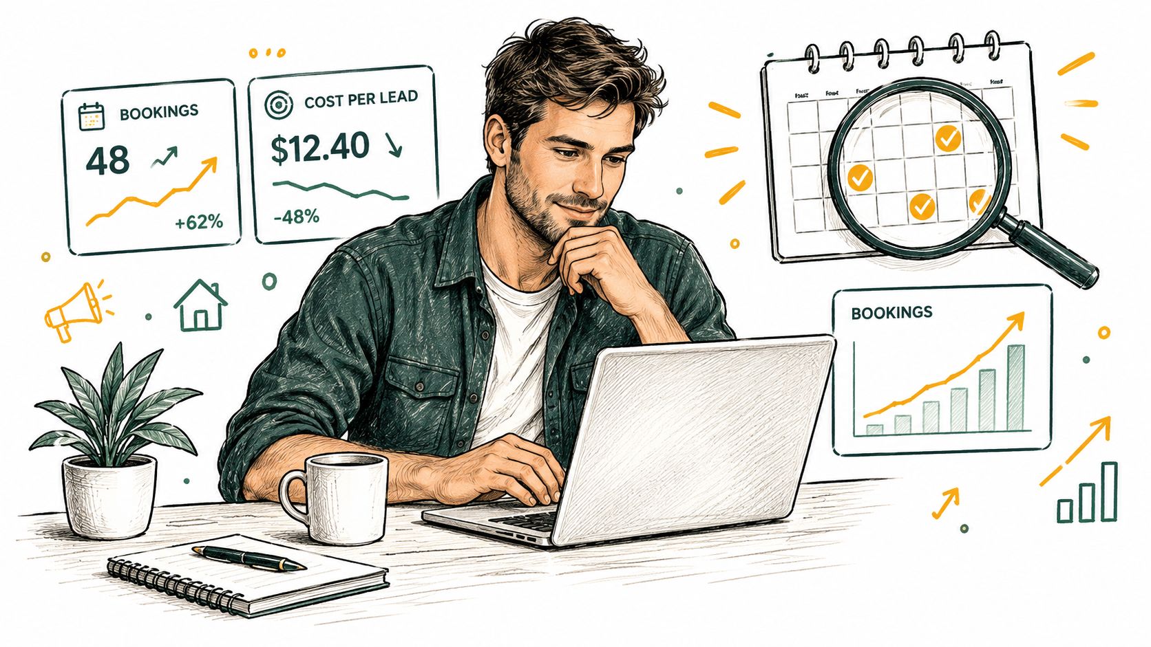 A professional man analyzing marketing data on a laptop with charts and calendar icons, illustrating business success.