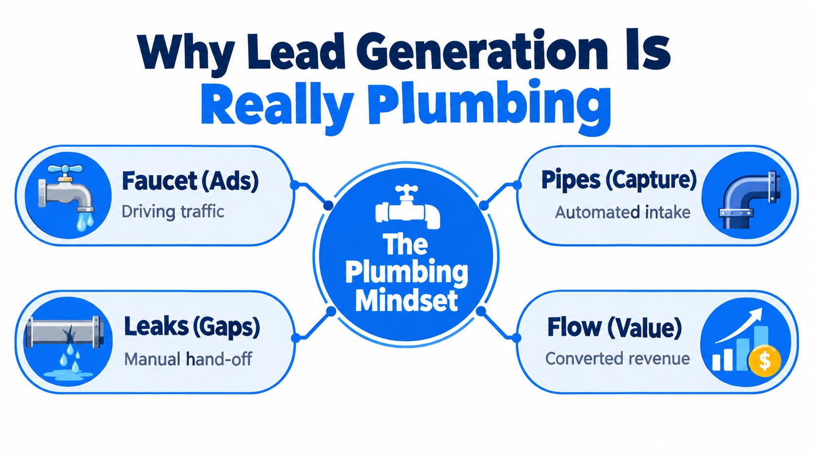 A diagram comparing lead generation business processes to a plumbing system with faucets, pipes, leaks, and flow.