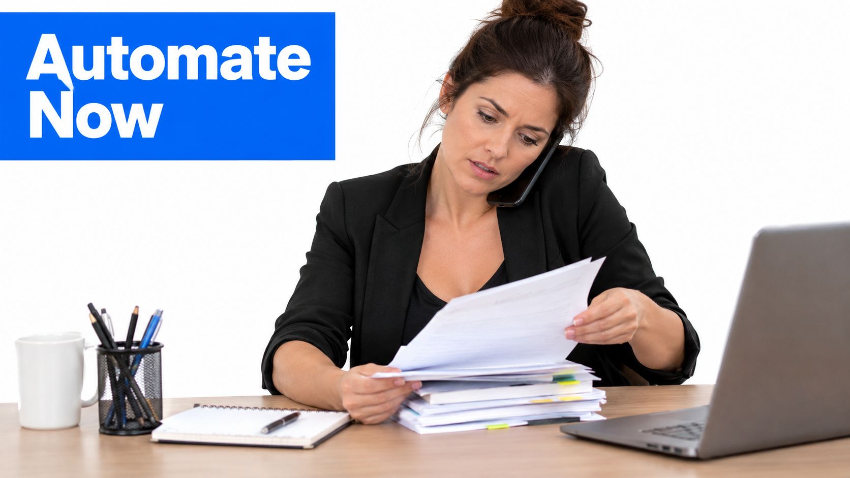 A woman in a black blazer multitasking by speaking on the phone while reviewing paperwork at her desk.
