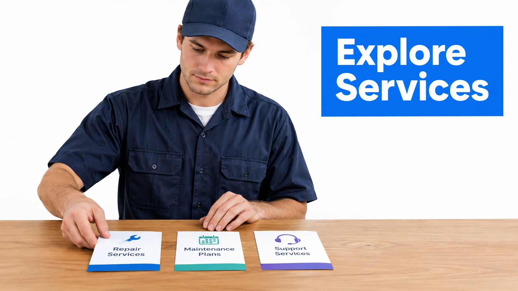 A professional service technician looking down at three service cards on a wooden table, featuring repair, maintenance, and support icons.