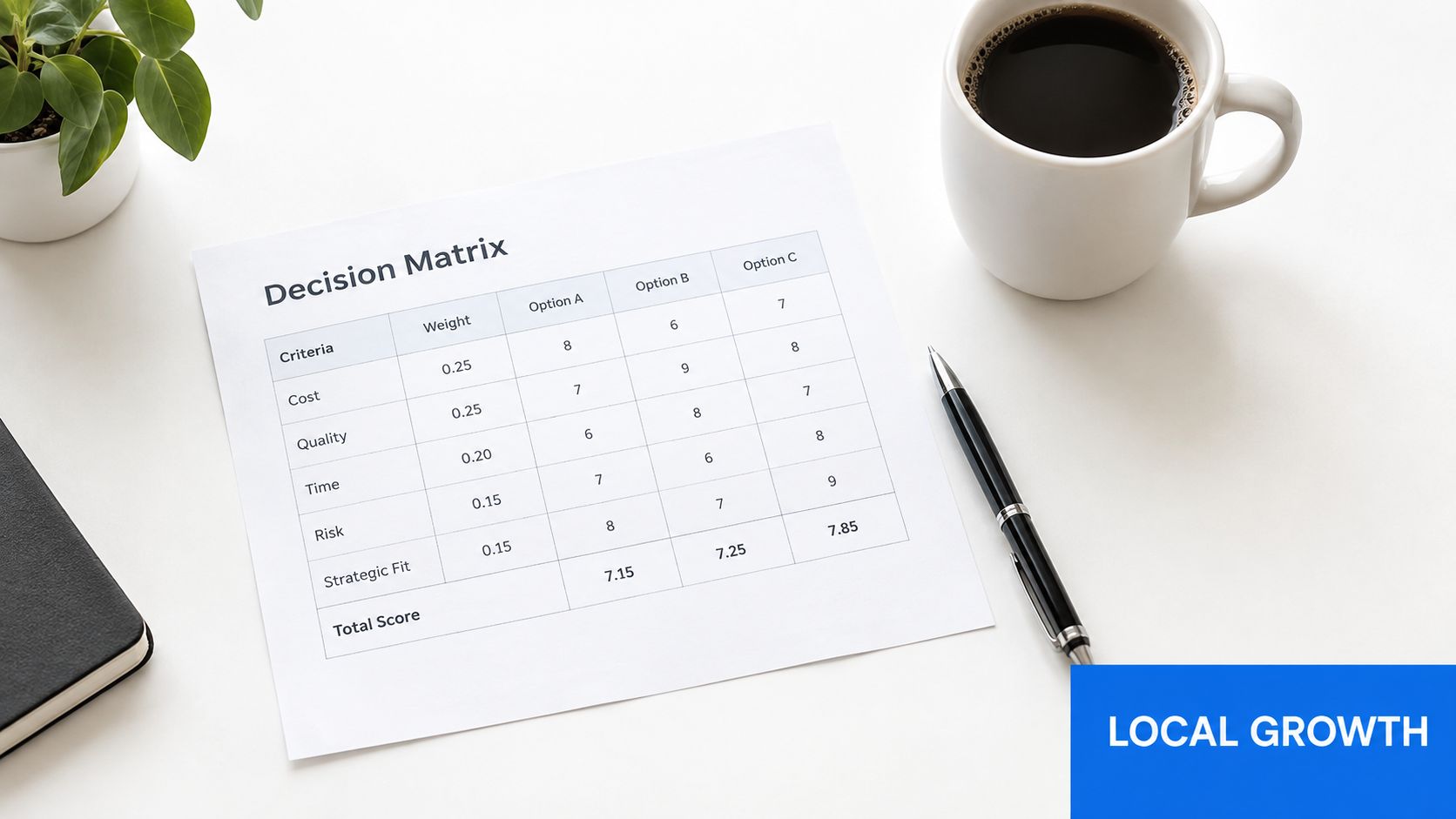 A decision matrix table on paper showing scores for options A, B, and C with a coffee cup.