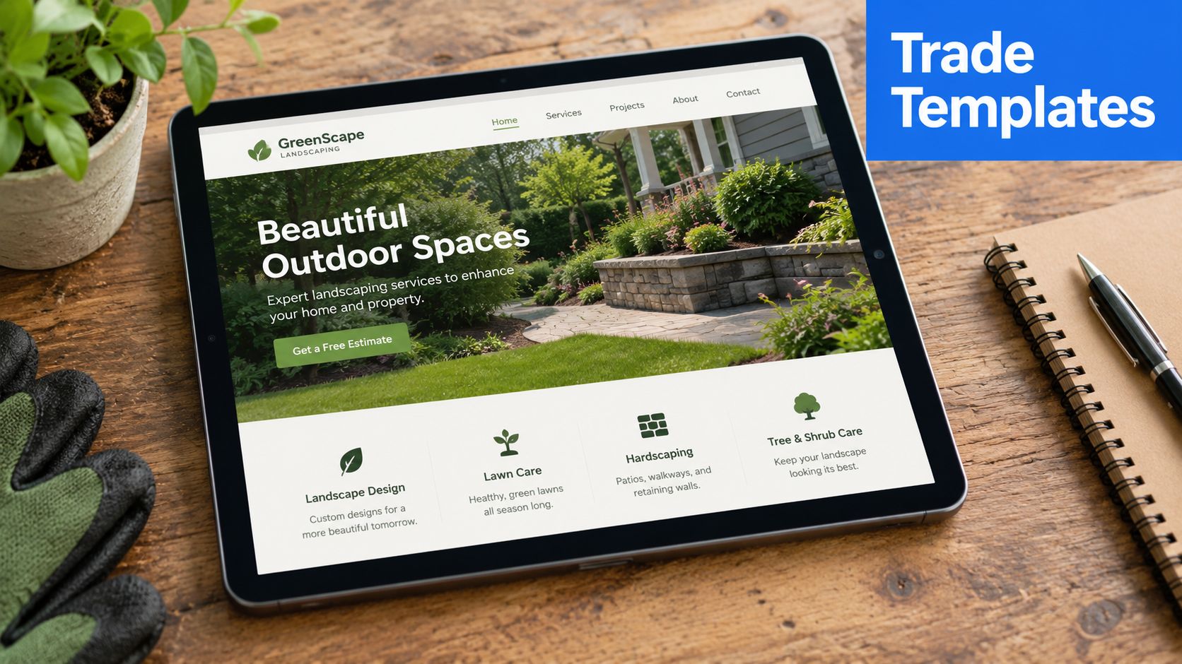 A digital tablet displaying a professional GreenScape landscaping website on a rustic wooden office desk surface.
