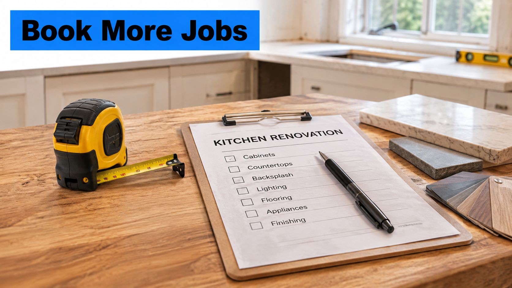 A wooden table displaying a measuring tape, pen, and a kitchen renovation checklist for professional contractors.