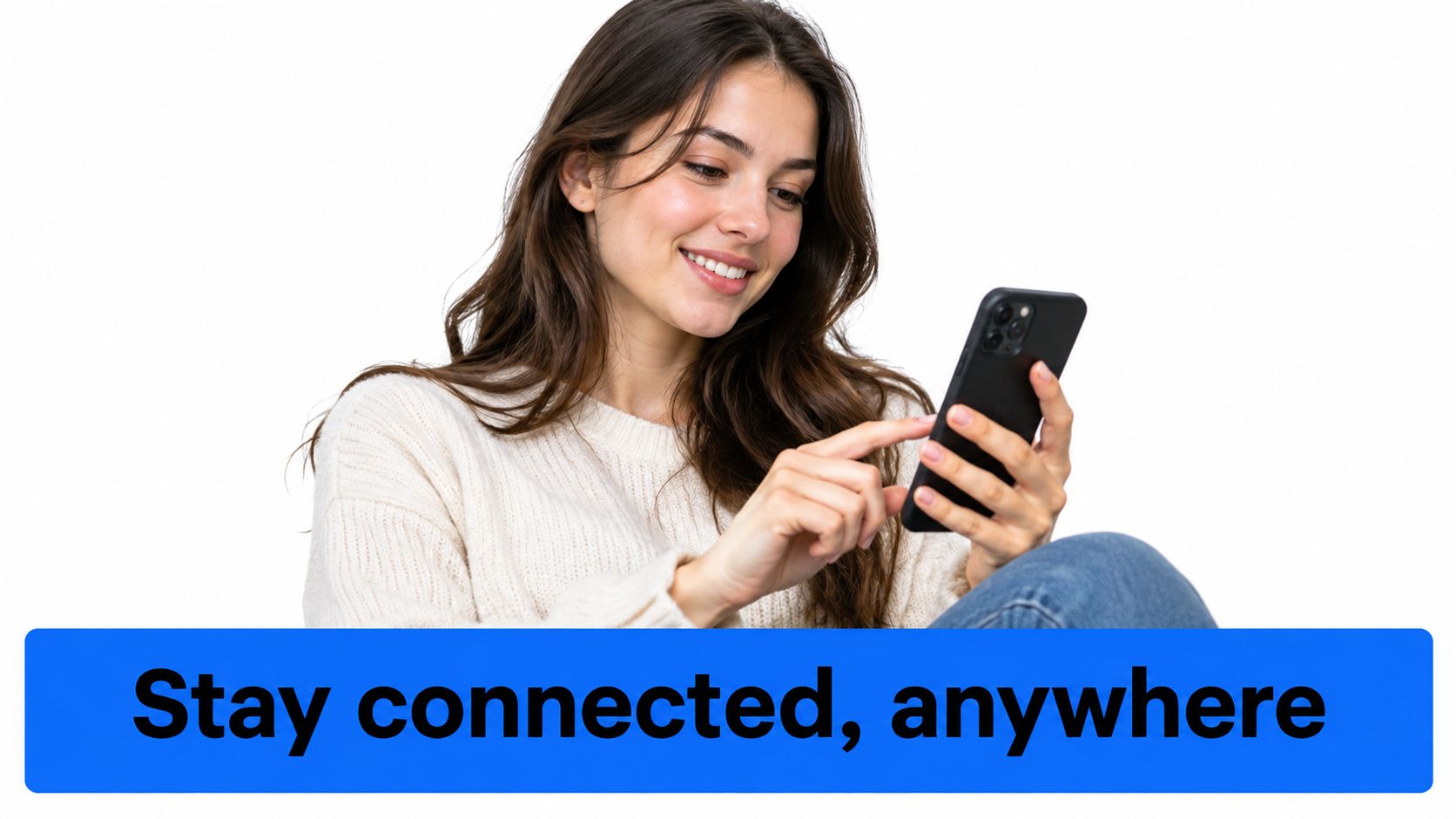 A happy woman smiling while using a smartphone against a white background with a blue banner.
