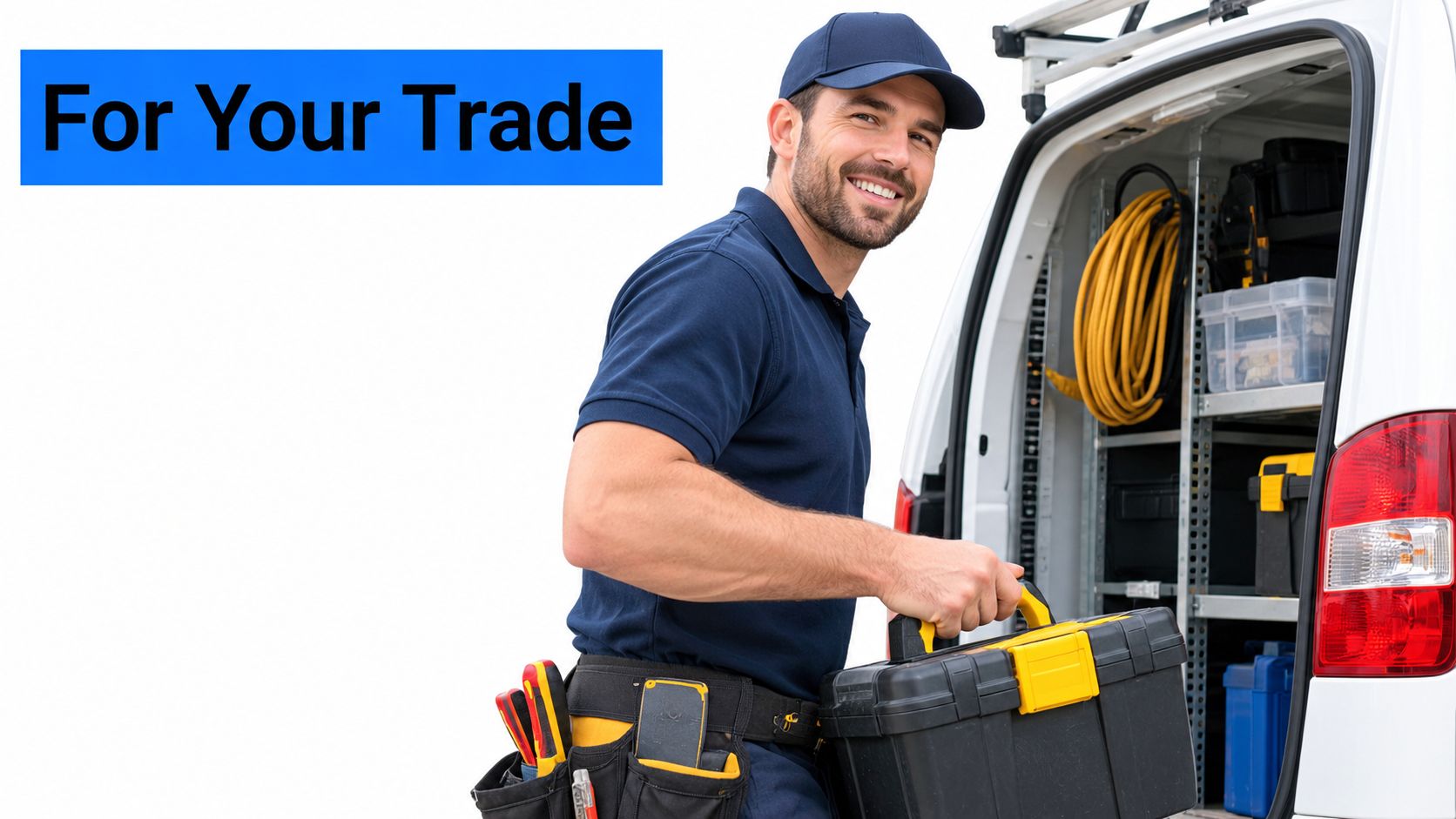 A smiling tradesman in a blue uniform carrying a black and yellow toolbox next to a work van.