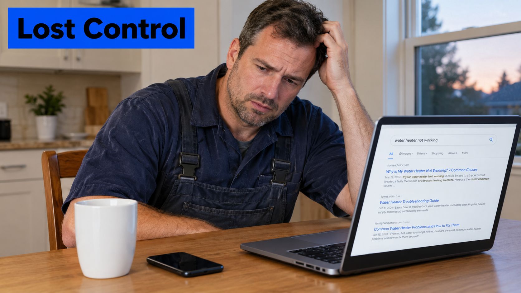A frustrated man looking for water heater repair solutions on his laptop while sitting at a table.