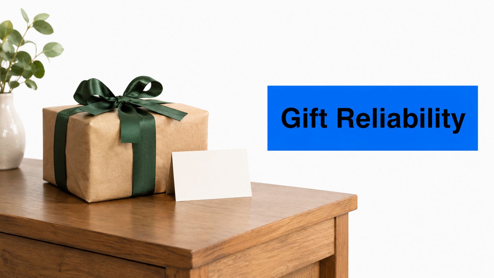 A wrapped gift box with a green ribbon and a blank note on a wooden table.