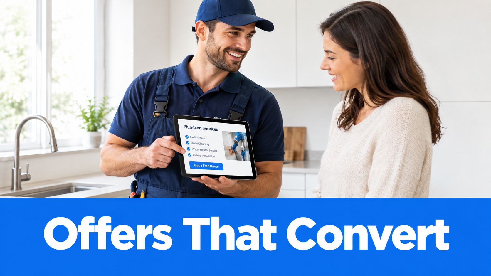 A professional plumber in uniform showing plumbing services on a tablet to a smiling female customer.
