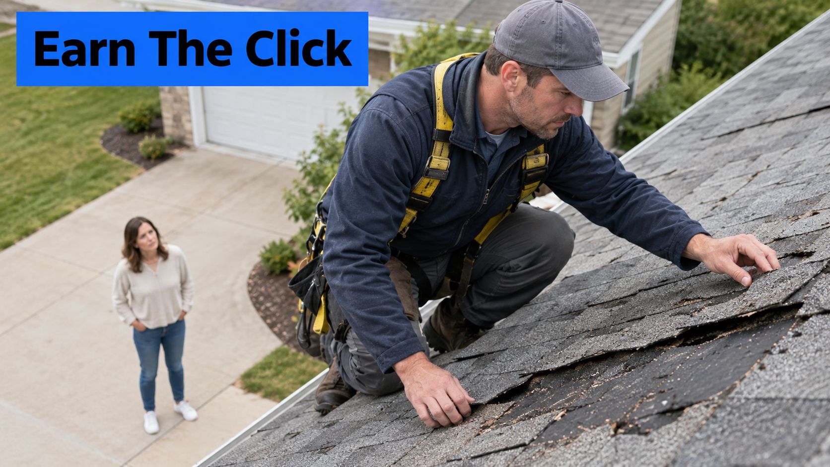 A professional roofer examining damaged shingles on a residential roof while a homeowner watches from below.