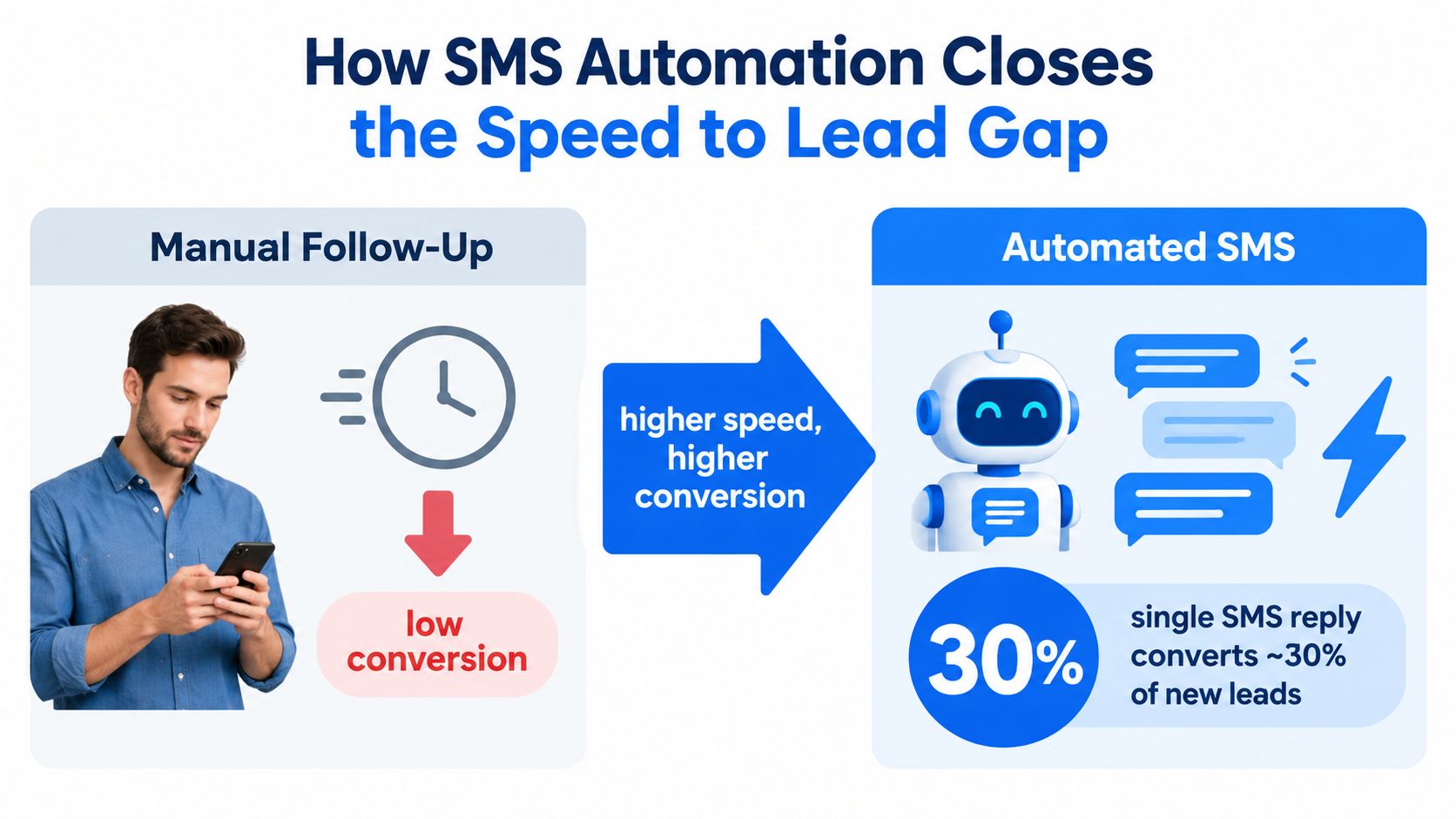 A comparison graphic showing manual follow-up resulting in low conversion versus automated SMS yielding high conversion.