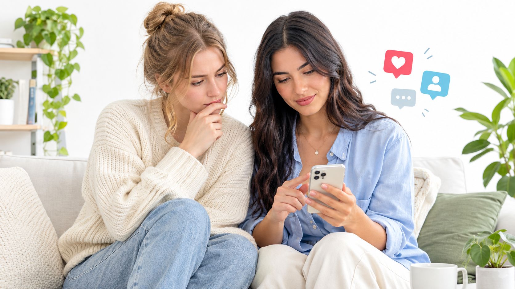 Two women sitting on a sofa while looking at a smartphone screen with social media icons floating nearby.