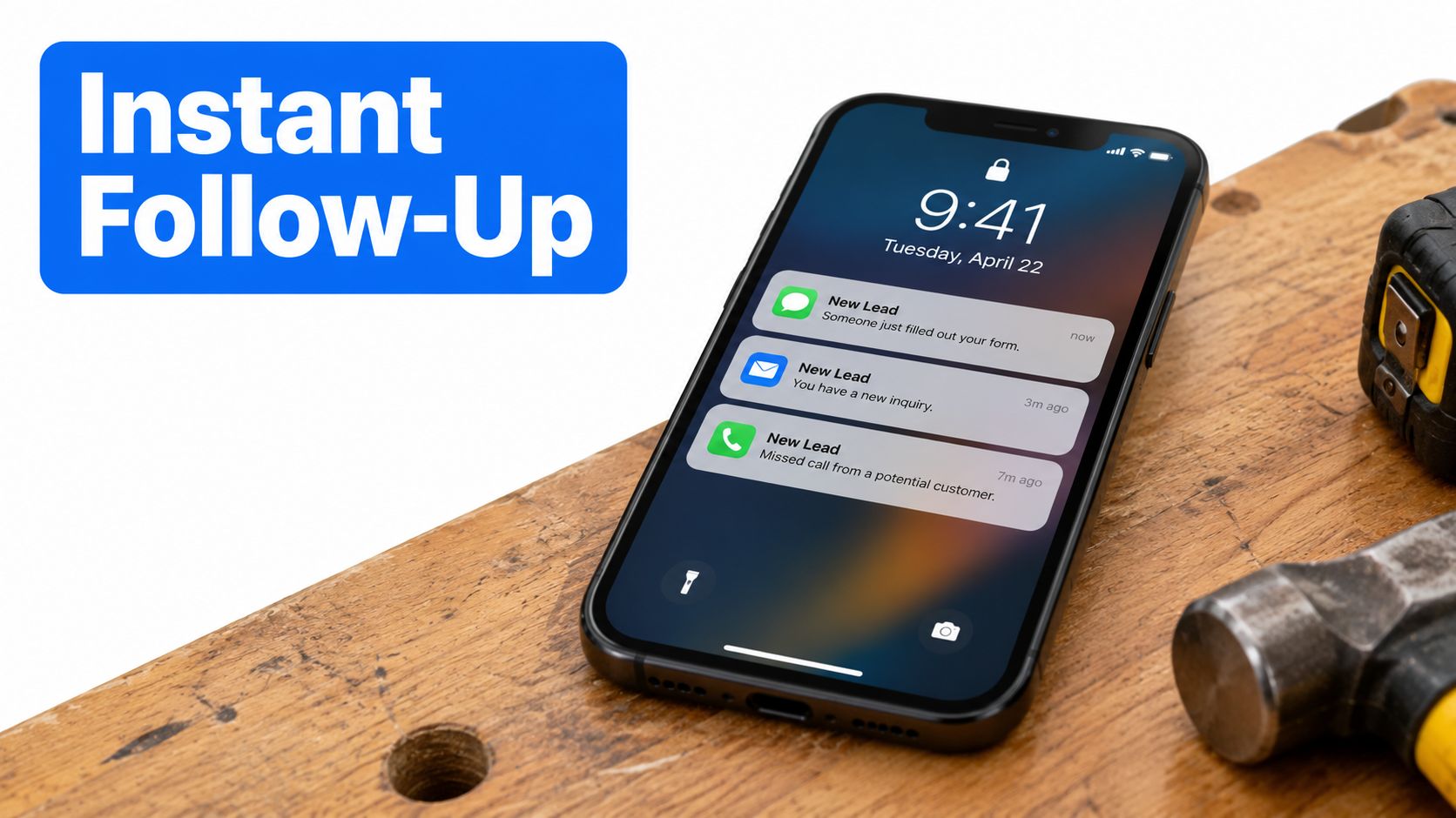 A smartphone resting on a wooden workbench showing multiple new lead notifications from various contact channels.