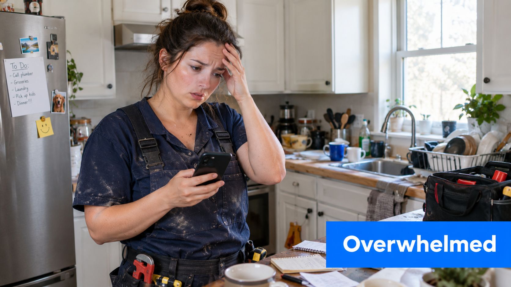 A stressed female construction worker looking at her smartphone in a cluttered kitchen while feeling overwhelmed.