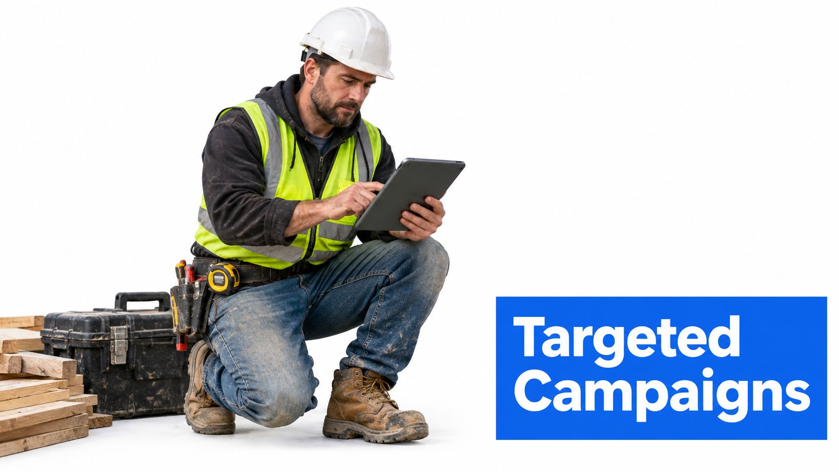 A construction worker in a hard hat and safety vest kneeling while using a digital tablet.