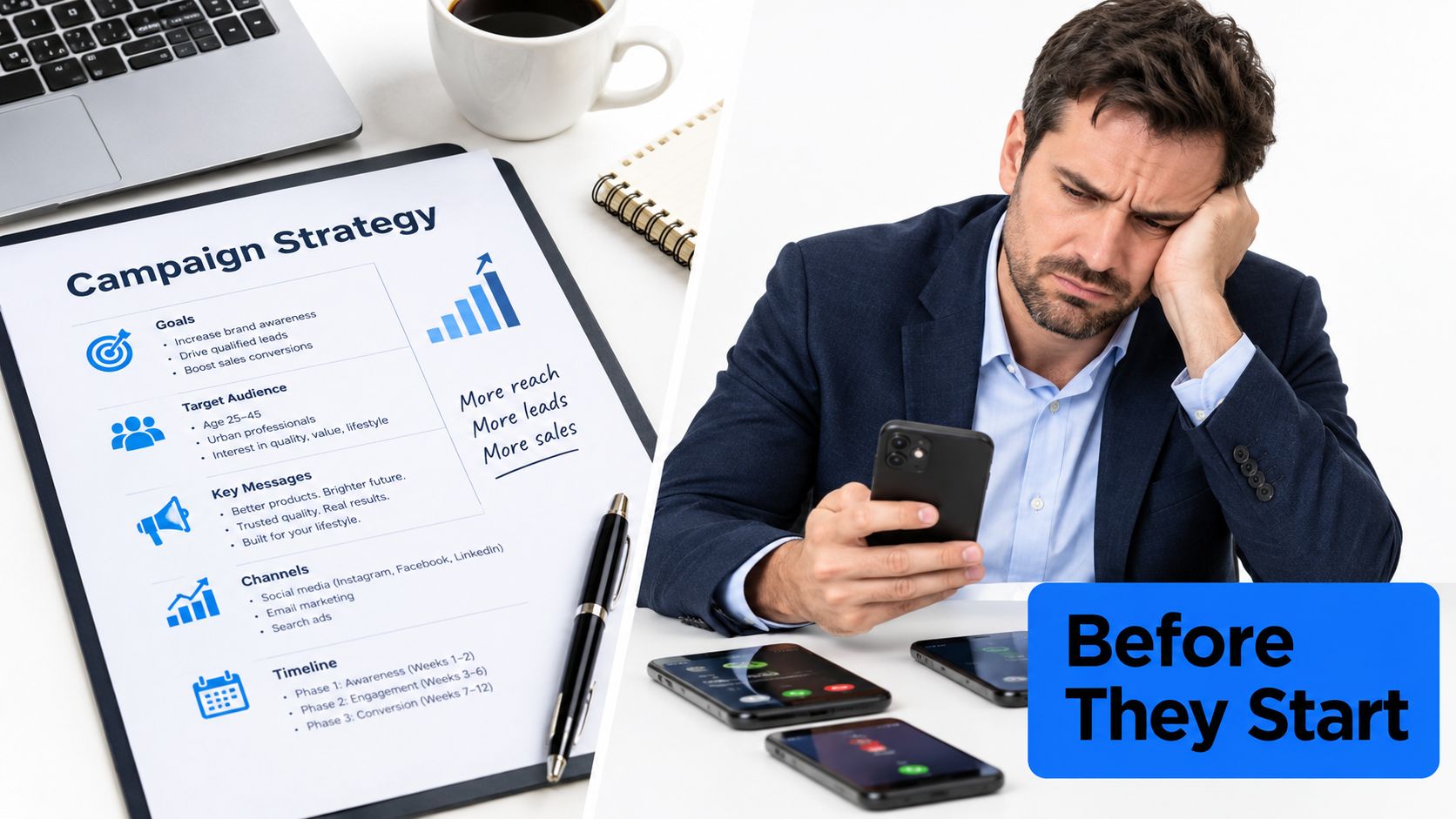 A split image showing a planned marketing campaign strategy document alongside a stressed businessman using multiple phones.
