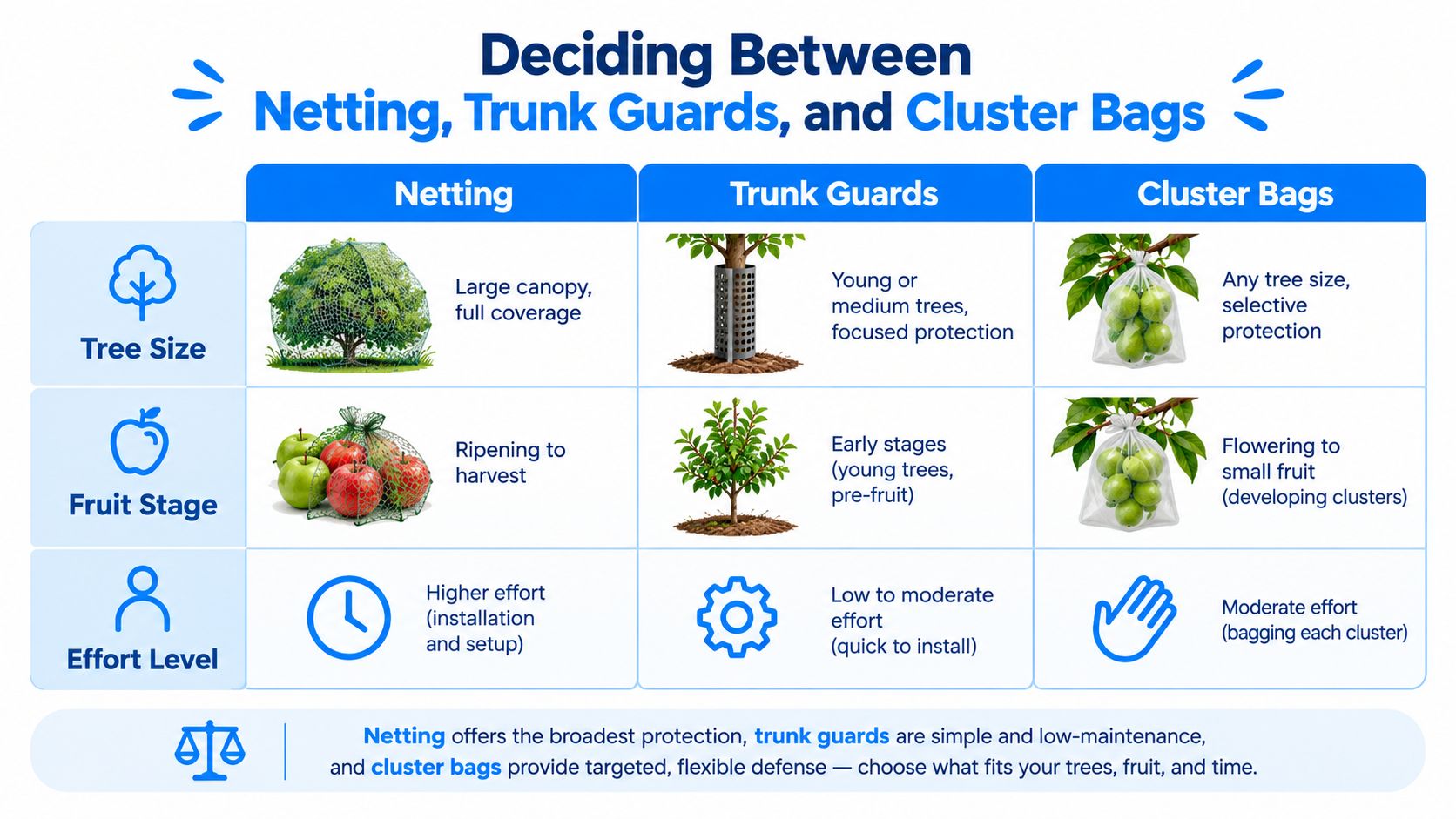 A comparison chart explaining the differences between netting, trunk guards, and cluster bags for fruit tree protection.