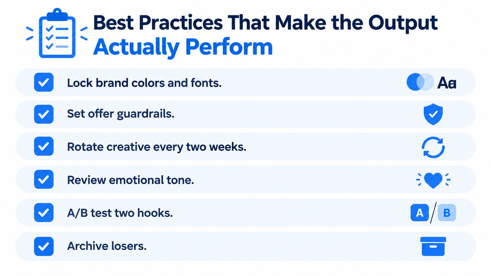 A checklist infographic outlining best practices for improving AI ad creative performance through testing and optimization.