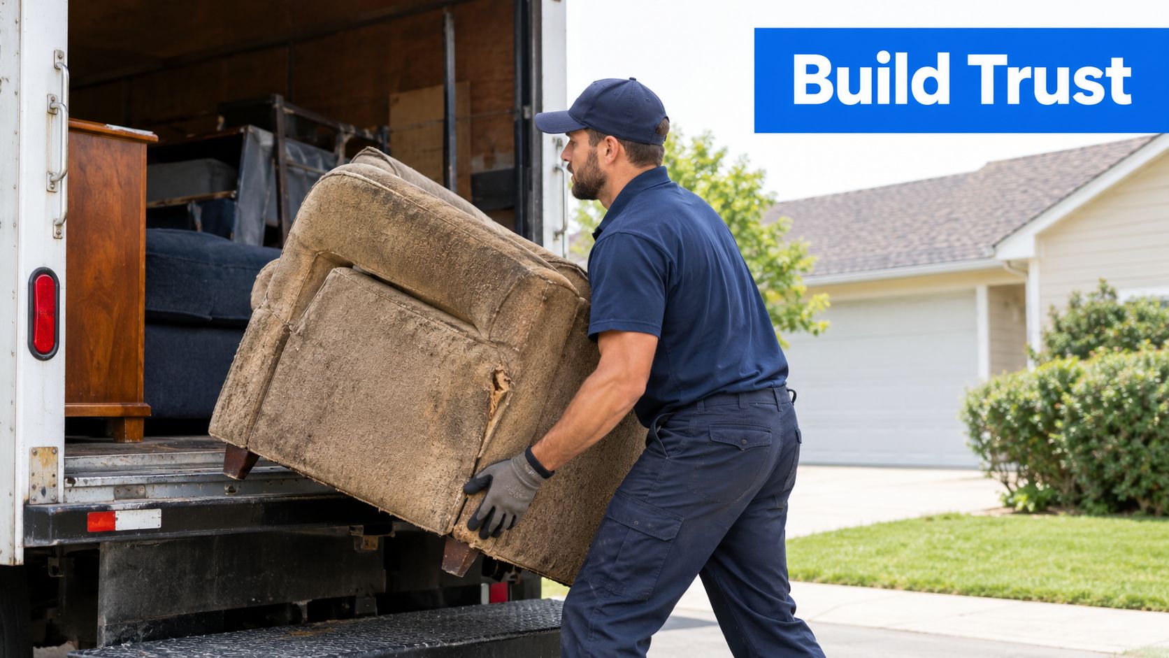 A professional mover in a blue uniform lifting an old, worn armchair into the back of a truck.
