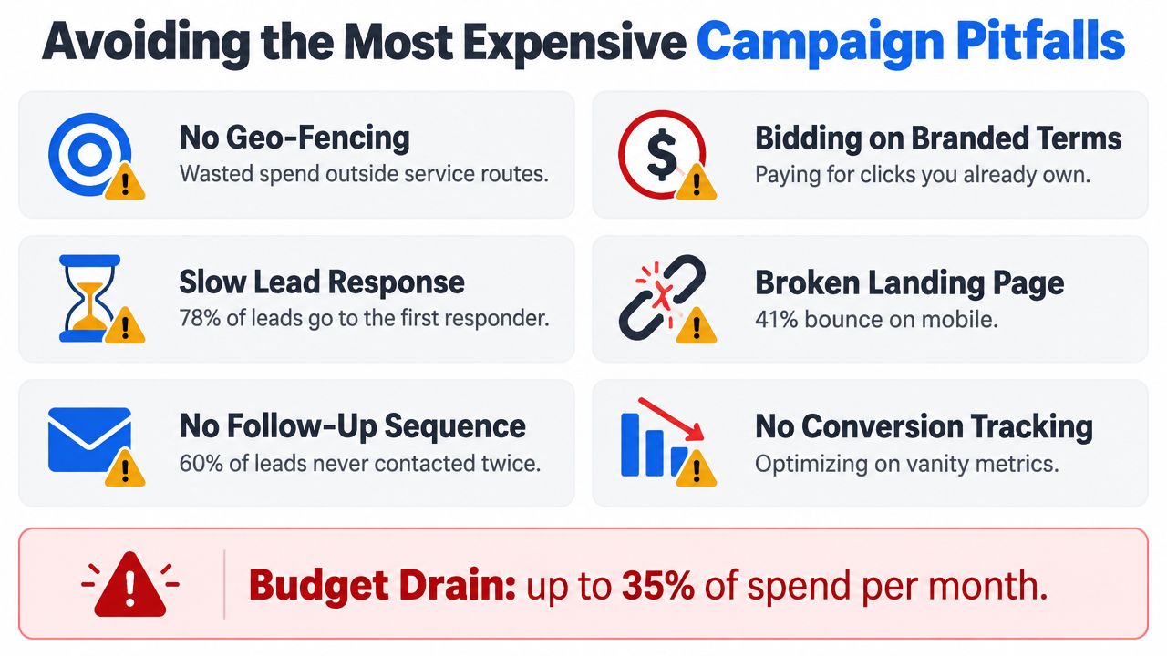 An infographic titled Avoiding the Most Expensive Campaign Pitfalls, highlighting six common advertising mistakes.