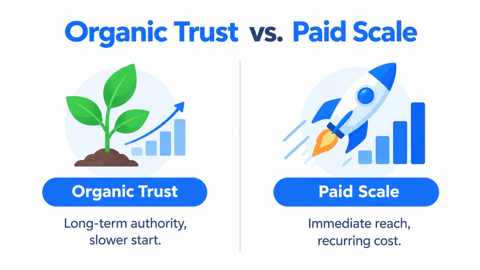 An infographic comparing organic trust as long-term growth versus paid scale as immediate advertising reach.
