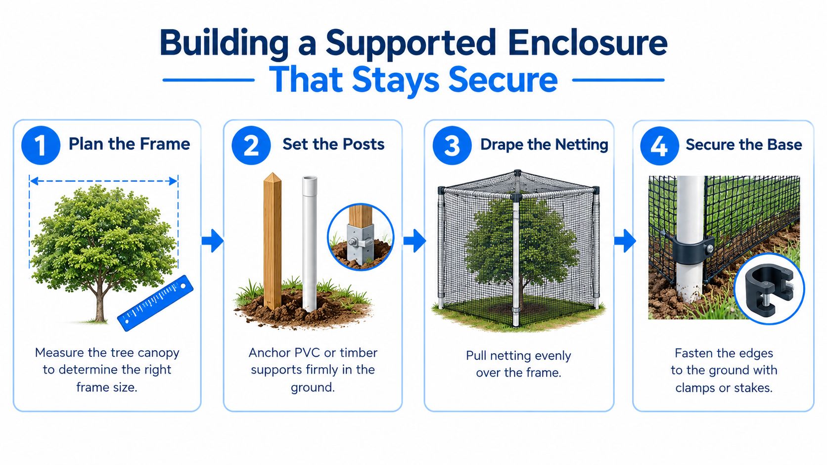 An infographic showing the four-step process for building a supported netting enclosure for fruit trees.