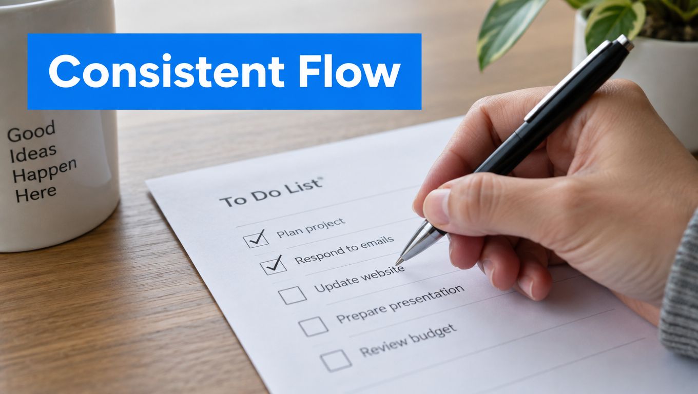 A person writing on a to-do list with checked items at a desk near a coffee mug.