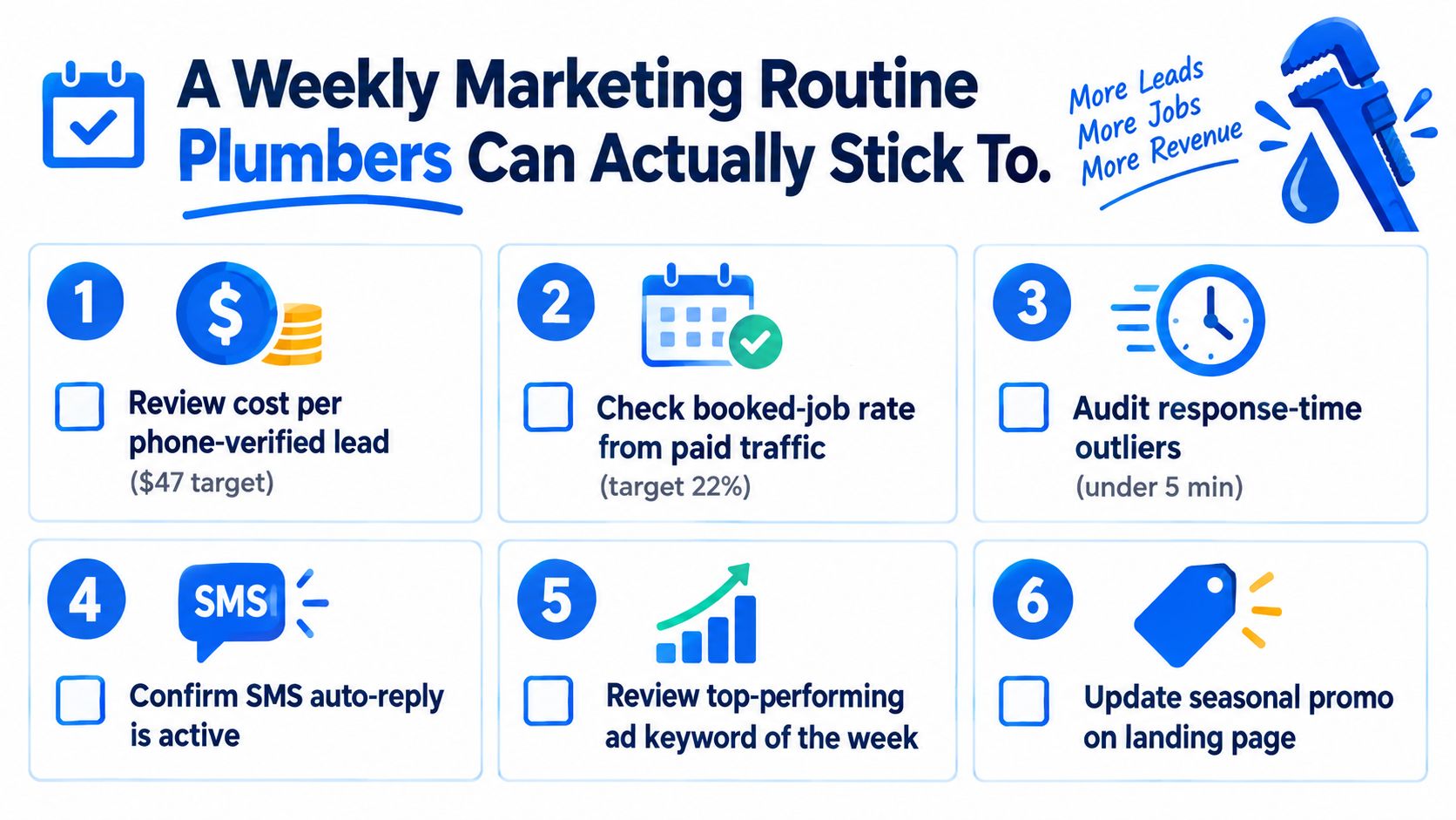 An infographic titled a weekly marketing routine plumbers can actually stick to showing six essential business steps.