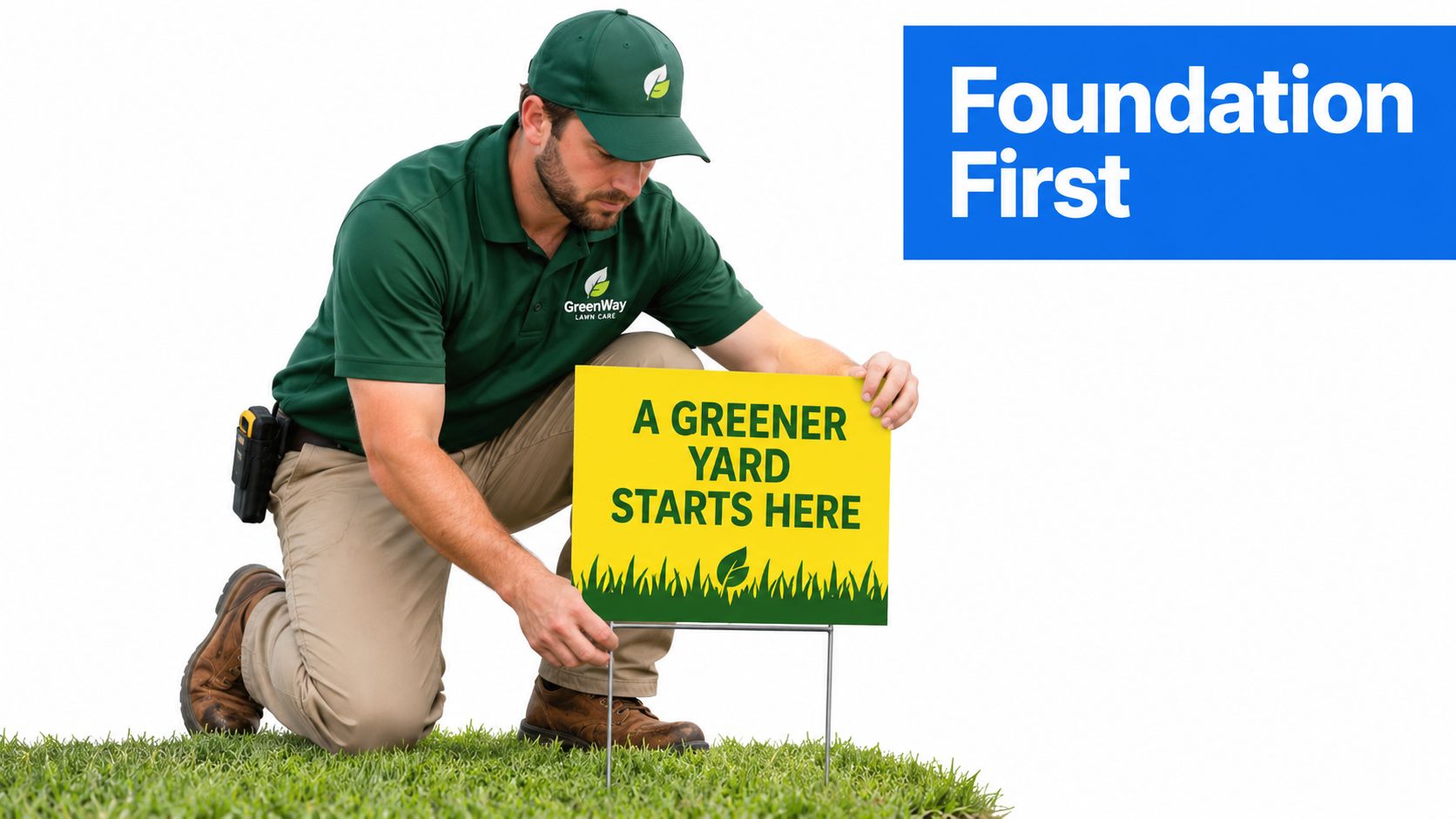 A professional lawn care worker wearing a green uniform placing a promotional sign in the grass.