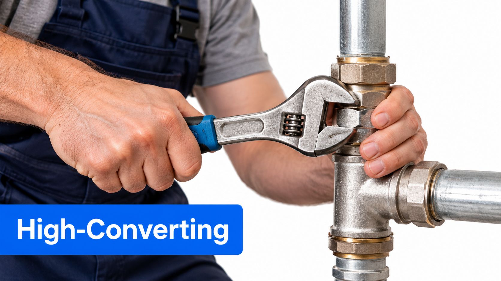 A professional plumber in blue overalls uses an adjustable wrench to tighten a metal pipe fitting.