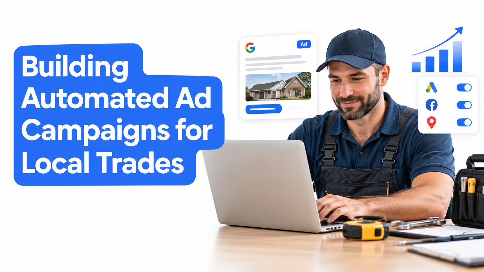 A professional contractor smiling while working on his laptop to build automated online advertising campaigns for business.