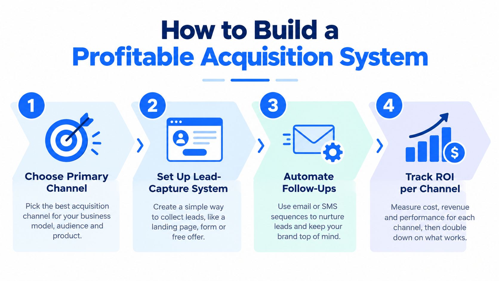 A four-step infographic illustrating how to build a profitable customer acquisition system for business growth.