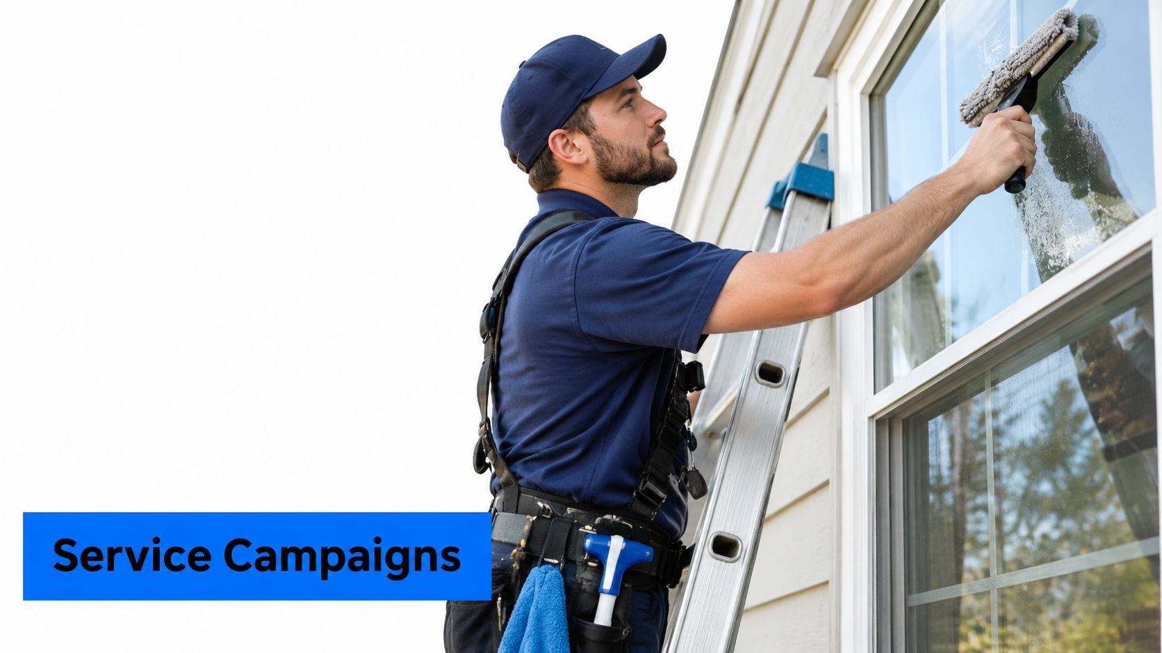 A professional window cleaner wearing a uniform and safety harness cleans a glass window with a squeegee.