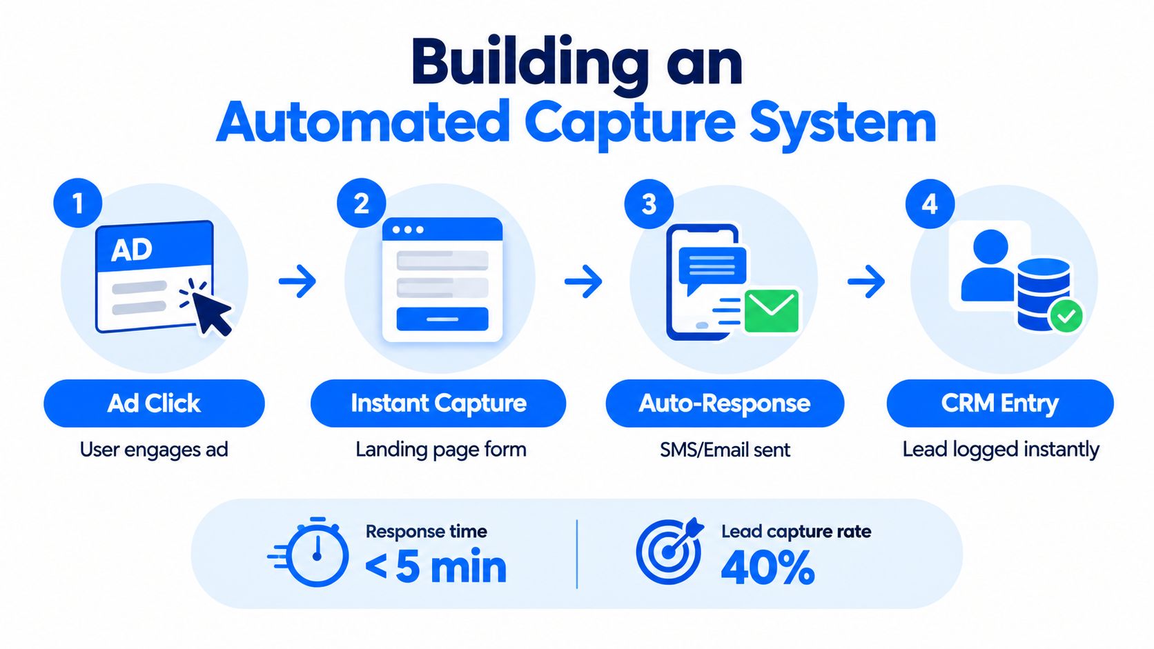 A four-step diagram showing an automated lead generation process starting from ad click to CRM entry.