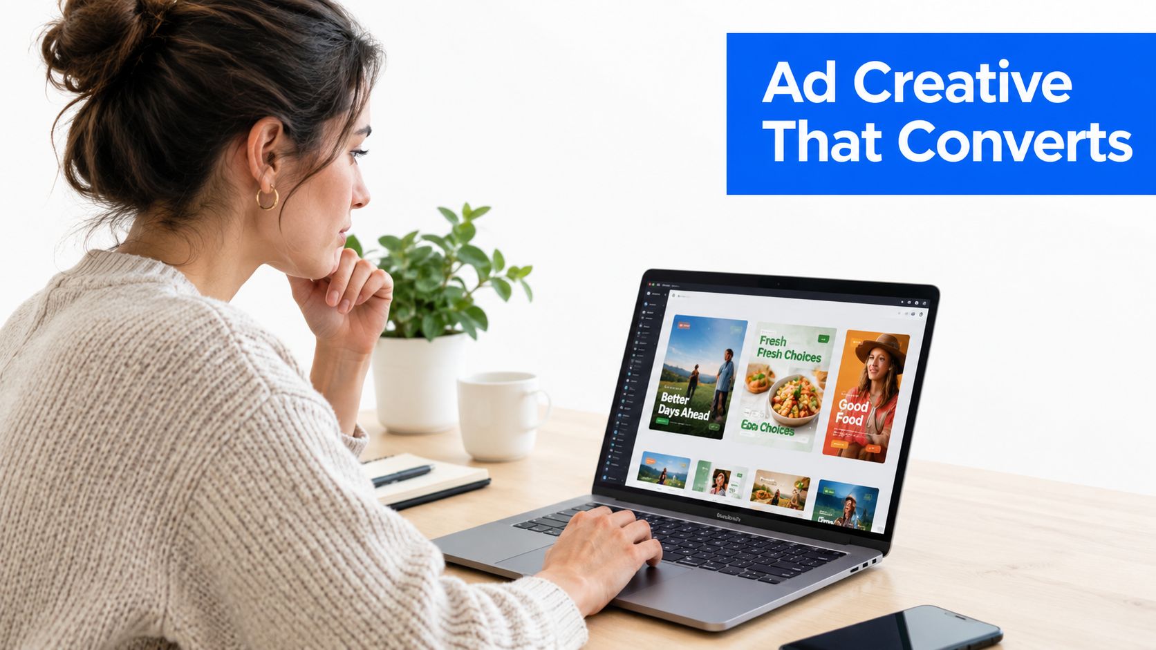 A young woman working on her laptop displaying various digital ad designs for marketing campaigns.